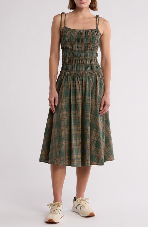 Plaid Smocked Tie Strap Midi Dress