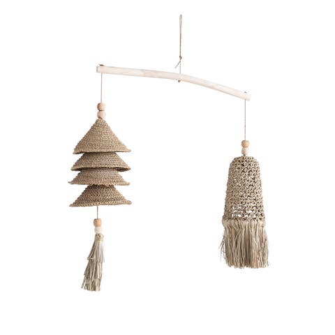 31.5 Inches Wood and Hand-Woven Seagrass and Rattan Wall Hanging