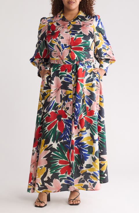 Haiti Long Sleeve Maxi Shirtdress (Plus)