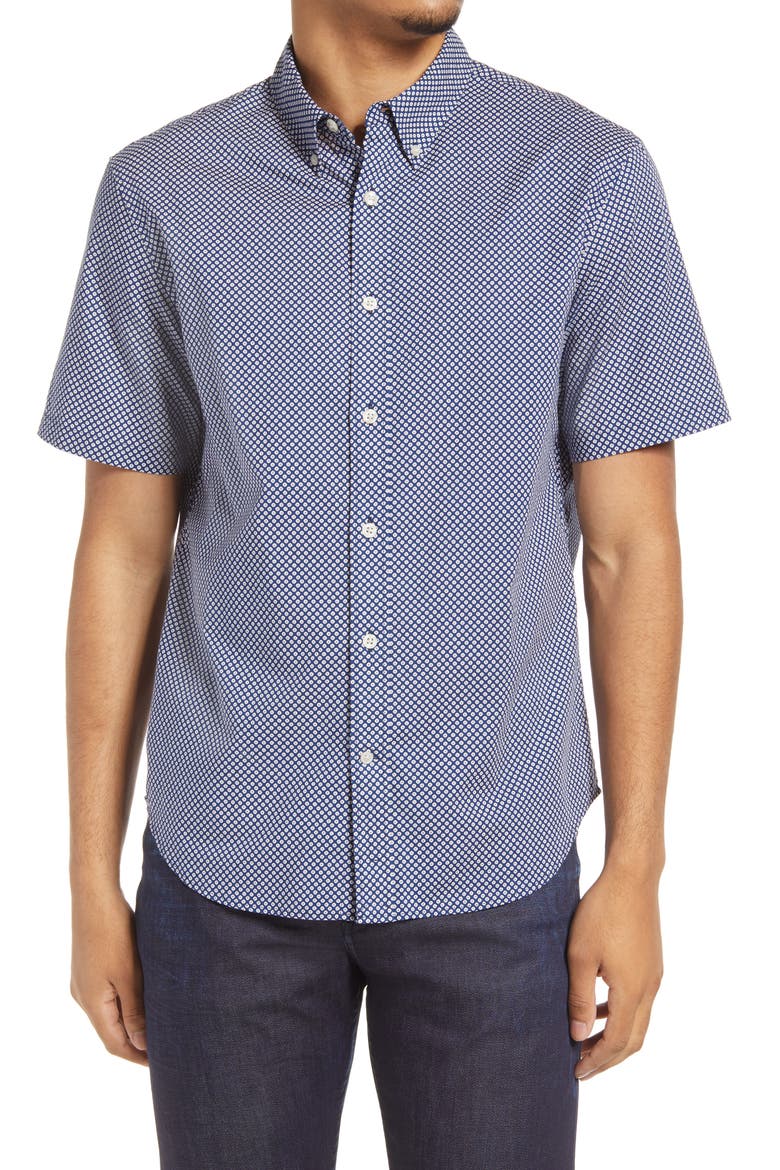 Slim Fit Ditsy Eye Print Short Sleeve Button-Down Shirt, Main, color, BLUE MULTI