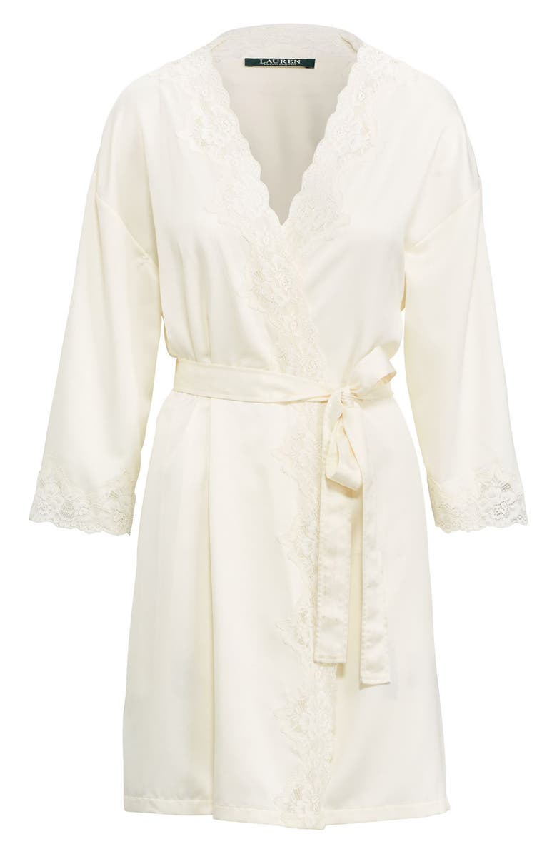 Lauren Ralph Lauren Lace Trim Satin Robe, Alternate, color, Ivory