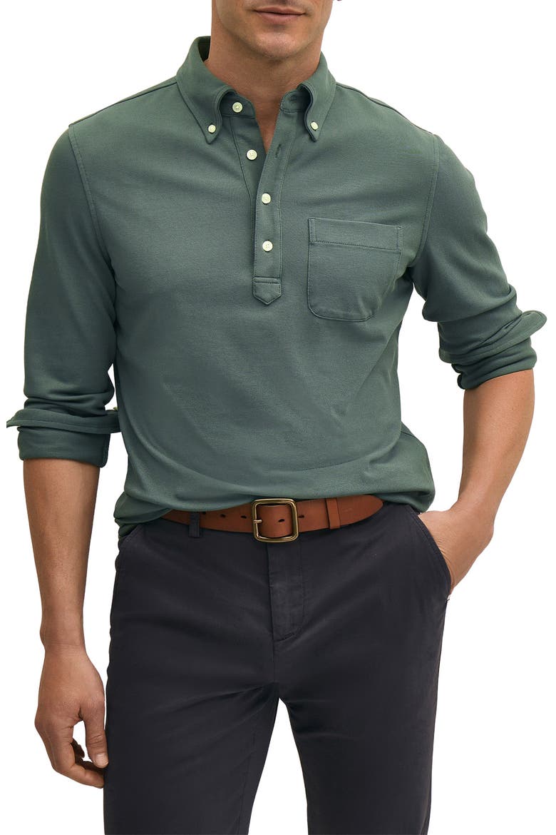 Piqué Pullover Button-Down Shirt, Main, color, MEDGREEN