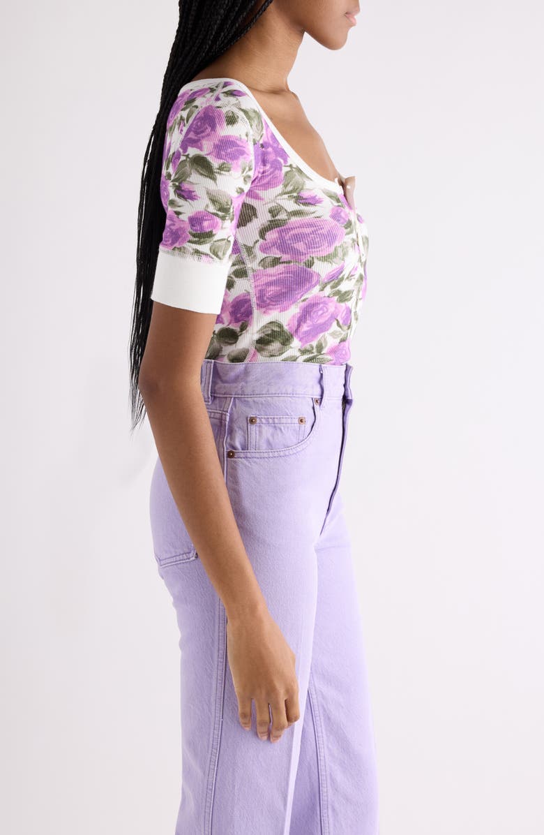 Chloé Rose Print Rib Jersey Henley, Alternate, color, White - Purple