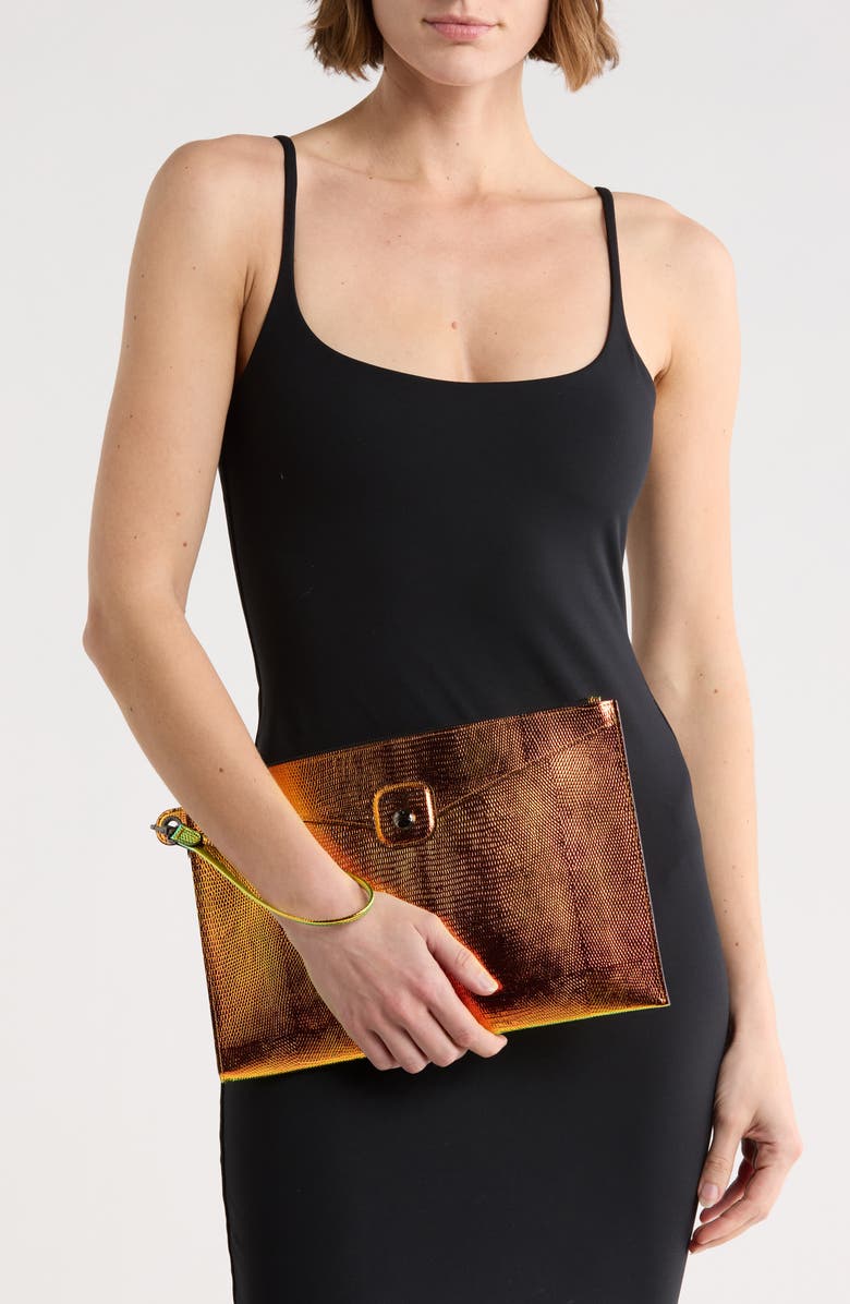 Longchamp Snakeskin Embossed Metallic Leather Wristlet, Alternate, color, Gold