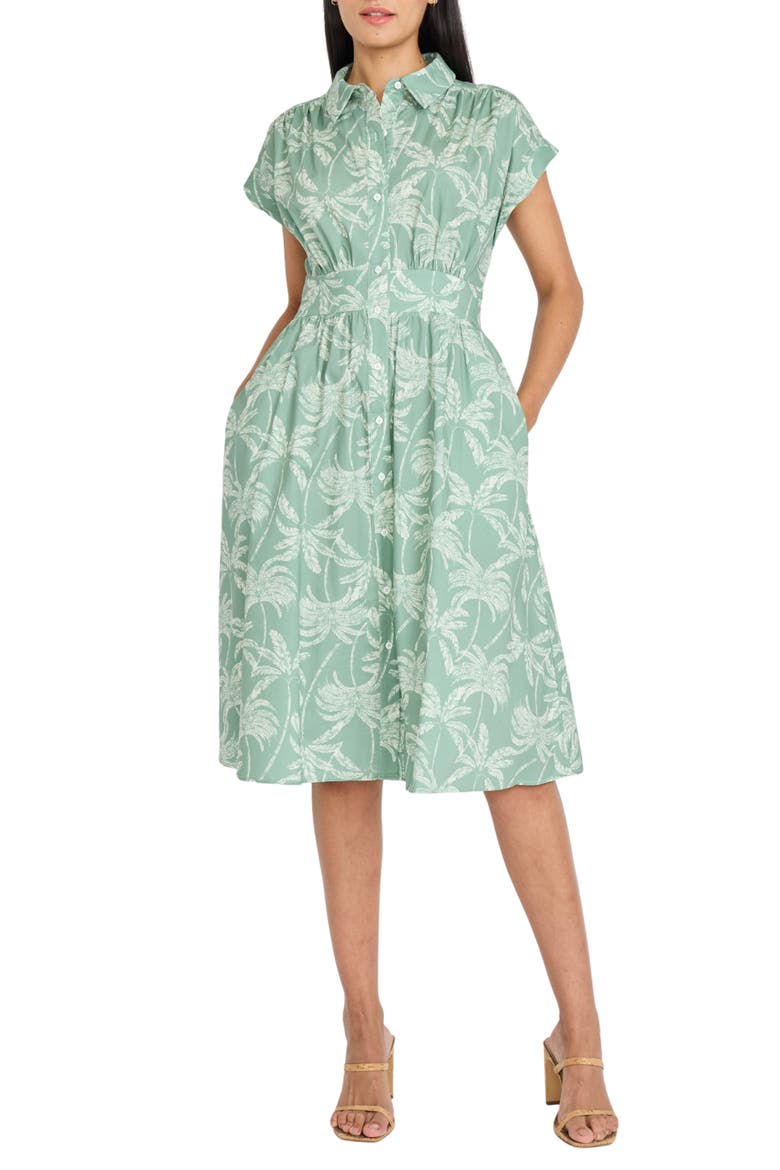 Cap Sleeve Stretch Cotton Midi Shirtdress, Main, color, SAGE/ IVORY
