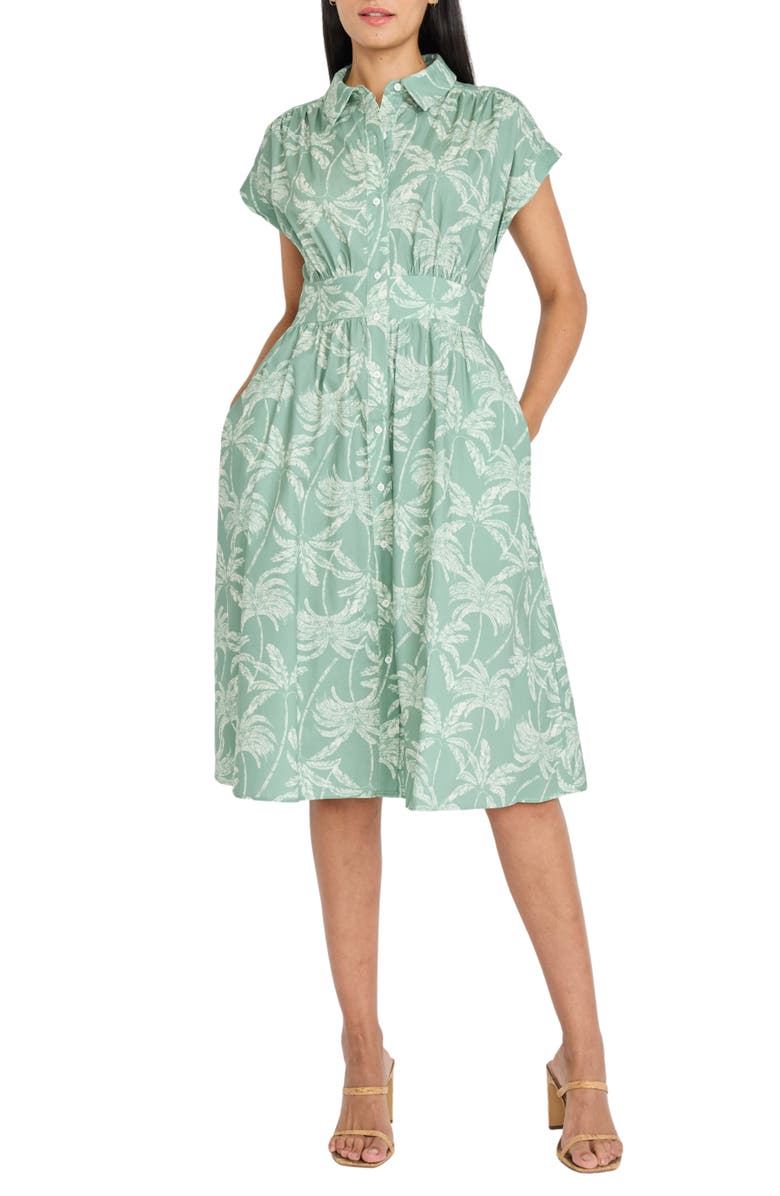 Maggy London Cap Sleeve Stretch Cotton Midi Shirtdress, Main, color, Sage/ Ivory