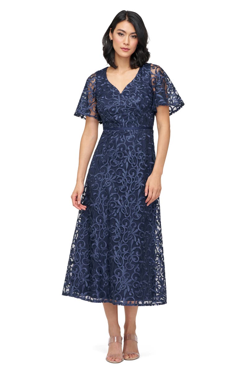 JS Collections Jess Embroidered Flutter Sleeve Cocktail Dress, Alternate, color, Navy