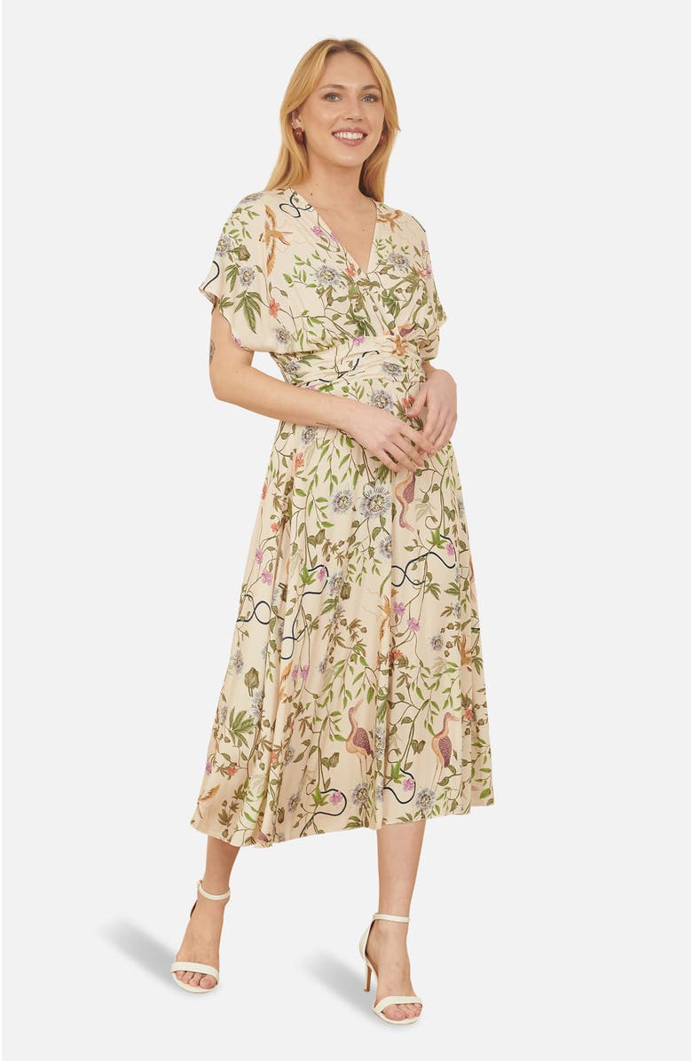 Yumi Short Sleeve V-Neck Ruched Midi Dress, Main, color, White