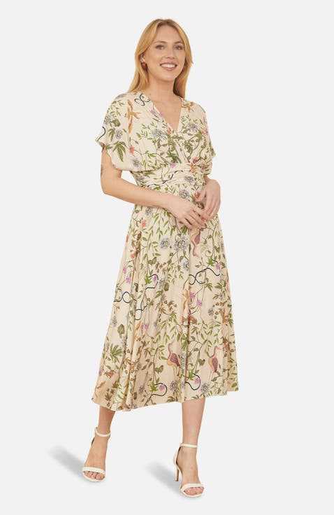 Short Sleeve V-Neck Ruched Midi Dress