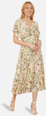 Yumi Short Sleeve V-Neck Ruched Midi Dress