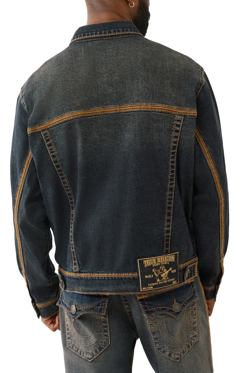 True Religion Super Flatlock Denim Trucker Jacket, Alternate, color, Greenland Dark Wash