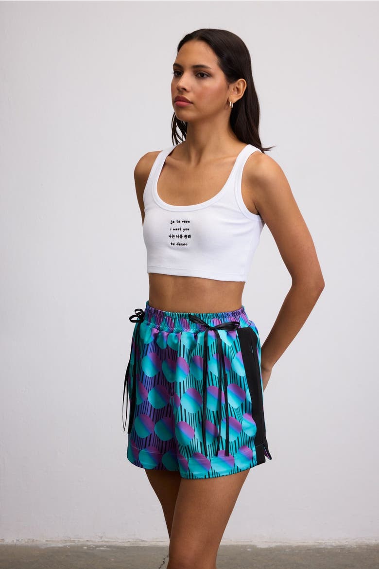Jett Polka Dot Elastic Wasited Shorts With Bow Detail, Alternate, color, Purple