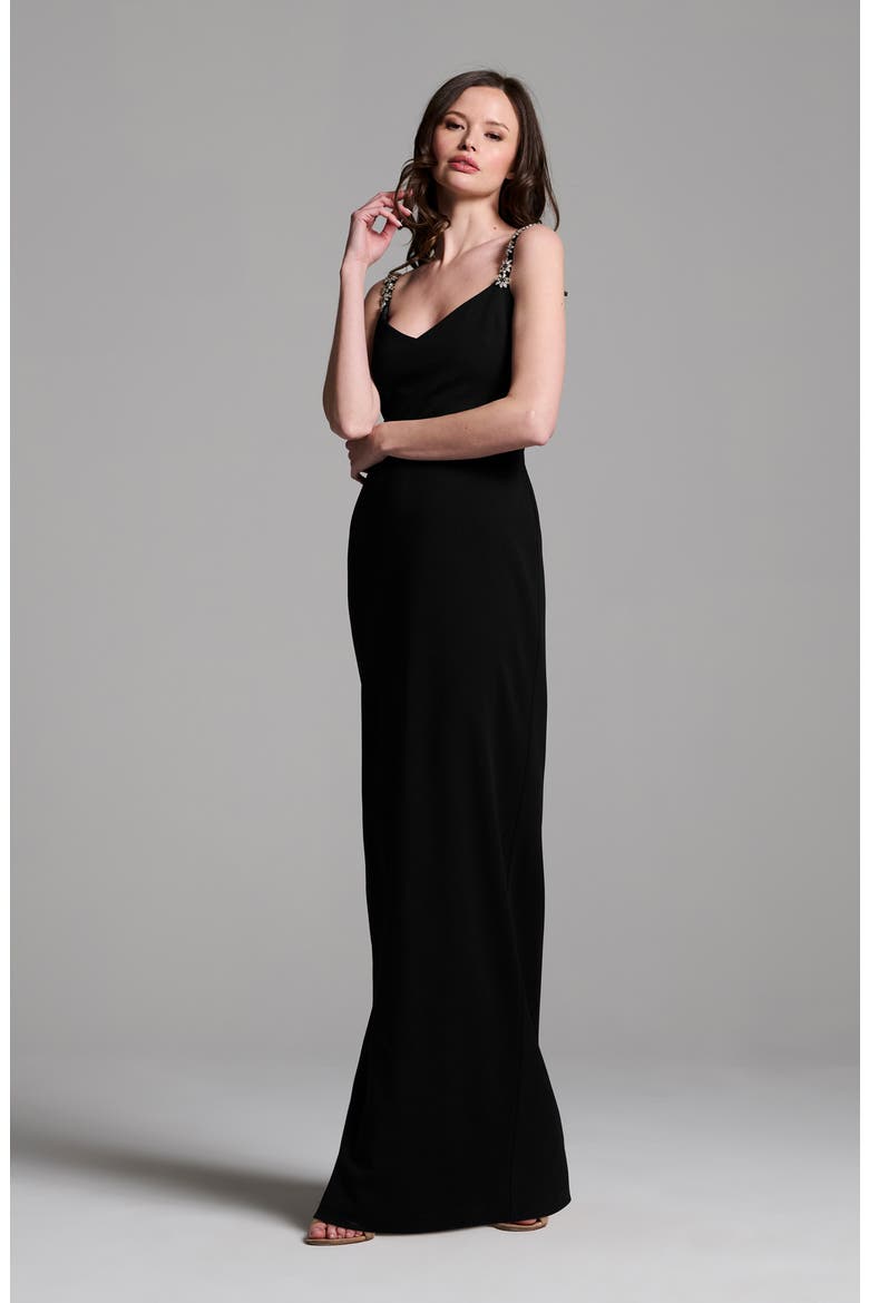 Crystal Flower Strap Stretch Crepe Gown, Alternate, color, BLACK
