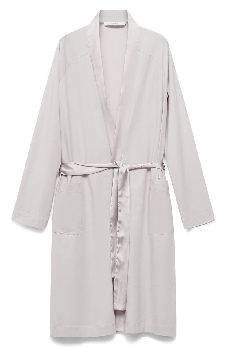 MANGO Satin Trim Cotton Blend Robe, Main, color, Light/ Pastel Grey