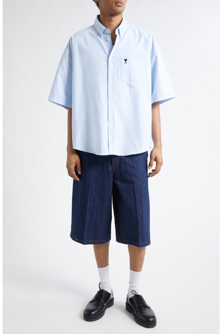 Ami de Coeur Embroidered Boxy Cotton Poplin Button-Up Shirt, Alternate, color, BLEU CIEL