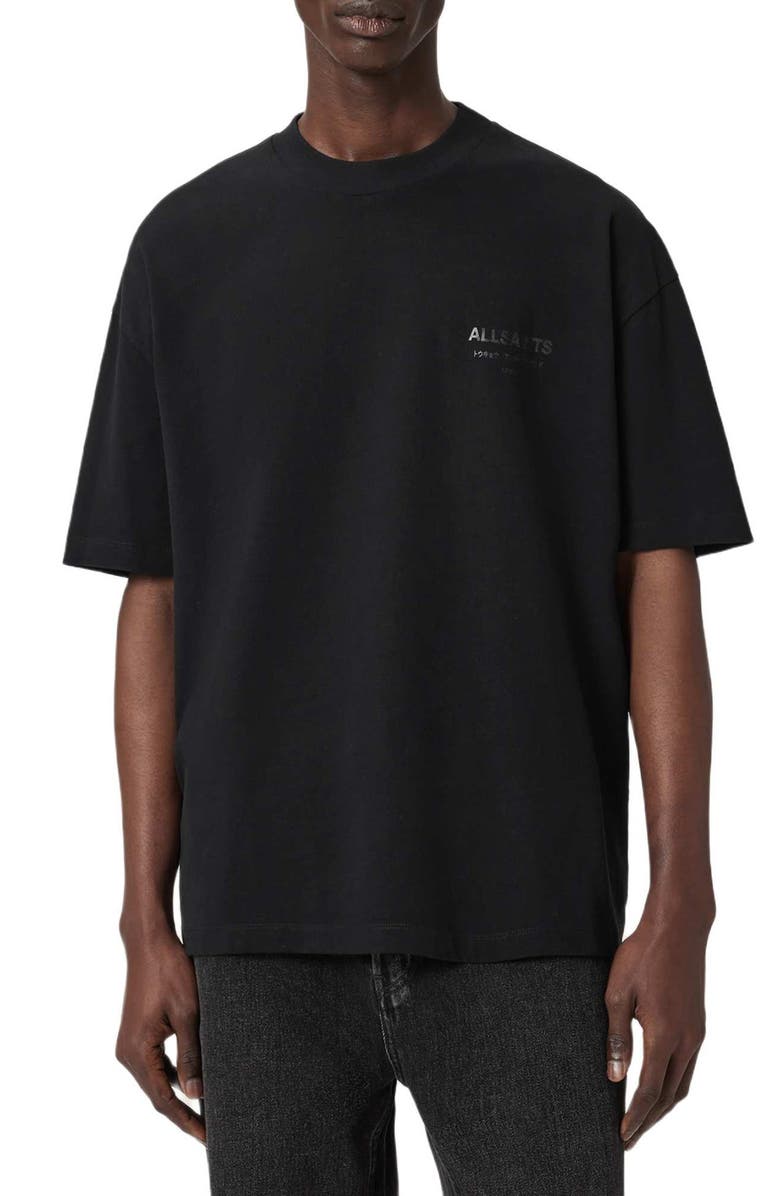 AllSaints Underground Oversize Graphic T-Shirt, Main, color, Jet Black/ Dark Leopard