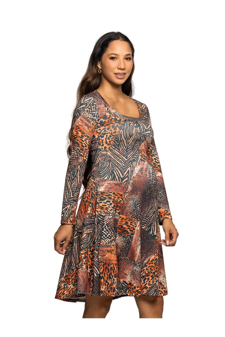 Long Sleeve Fit and Flare Dress in Animal Print, Alternate, color, Brown Multi