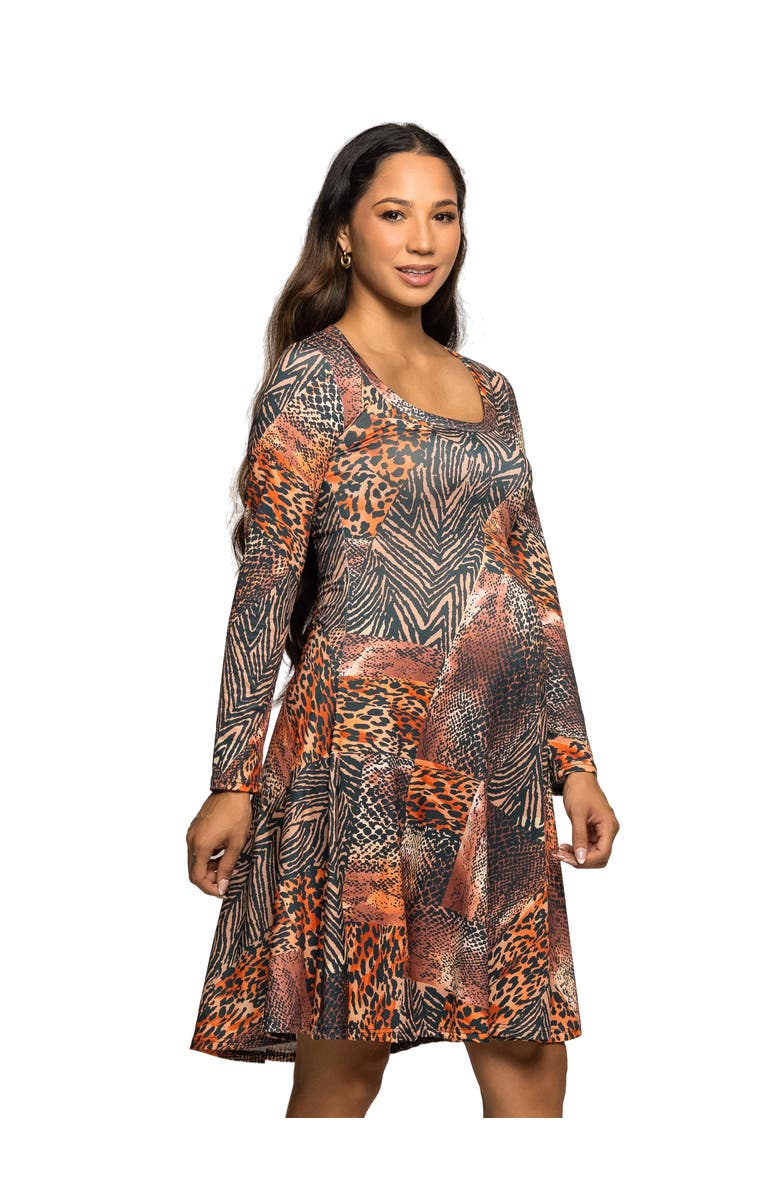 24seven Comfort Apparel Long Sleeve Fit and Flare Dress in Animal Print, Alternate, color, Brown Multi