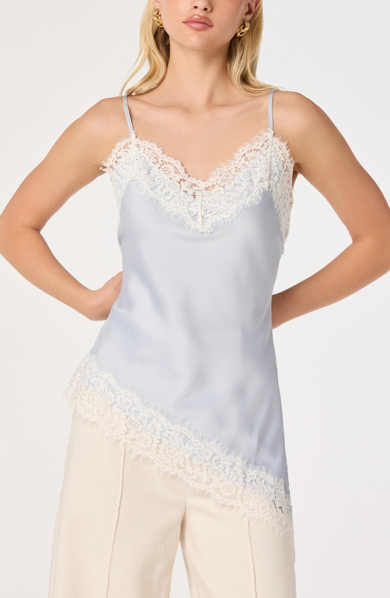 ASTR the Label Analise Lace Trim Asymmetric Satin Camisole, Main, color, Light Blue