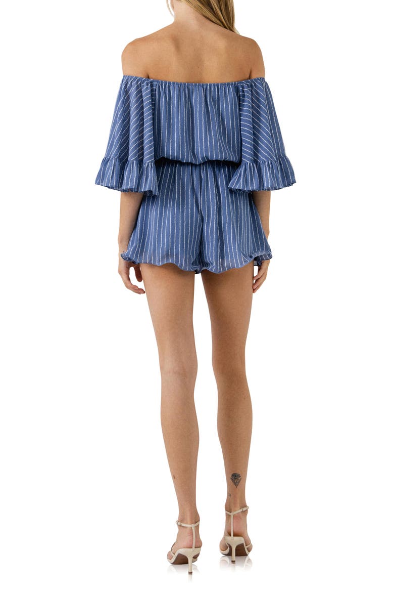 Stripe Off the Shoulder Romper, Alternate, color, BLUE/ WHITE
