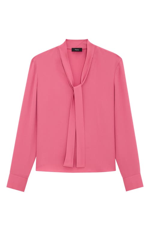 Theory Tie Neck Silk Blouse In Bright Pink