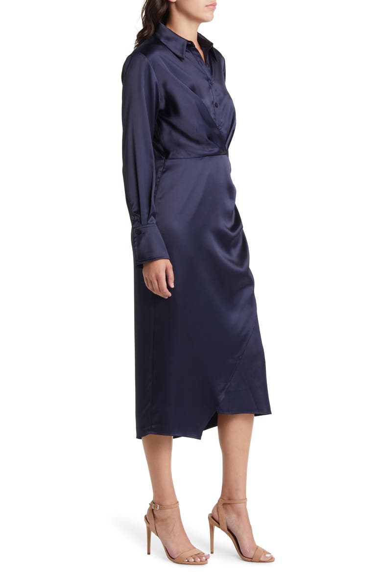 Long Sleeve Satin Shirtdress, Alternate, color, NAVY