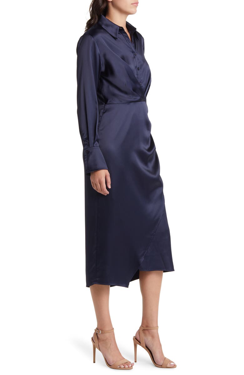 Mila Mae Long Sleeve Satin Shirtdress, Alternate, color, Navy