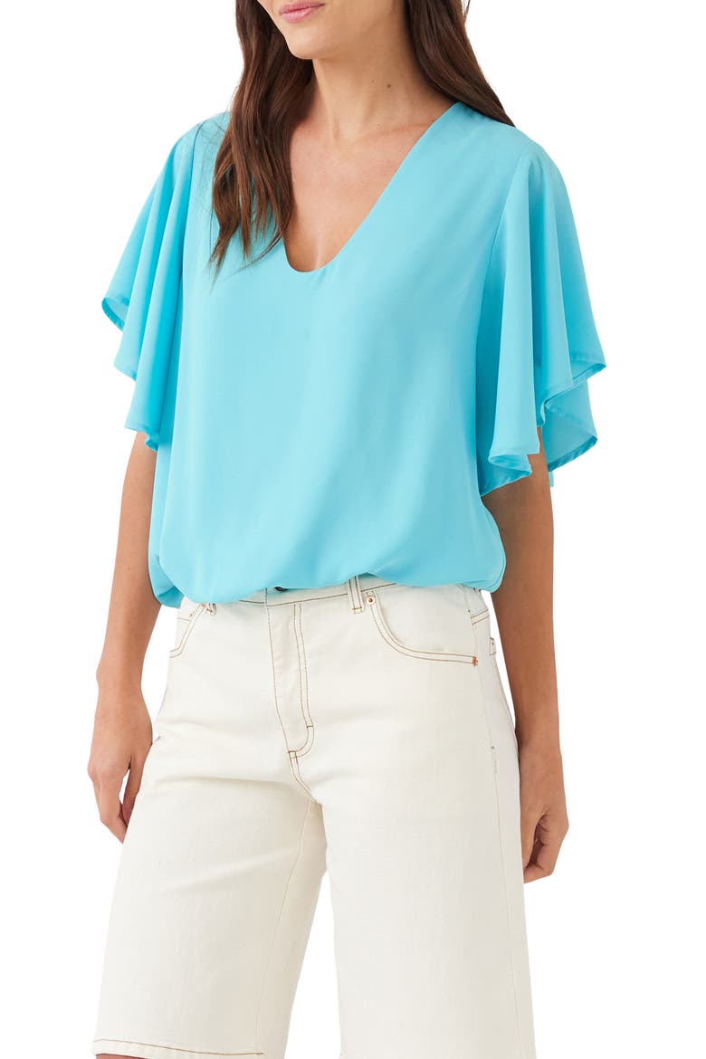 Flutter Sleeve V-Neck Top, Alternate, color, AQUA