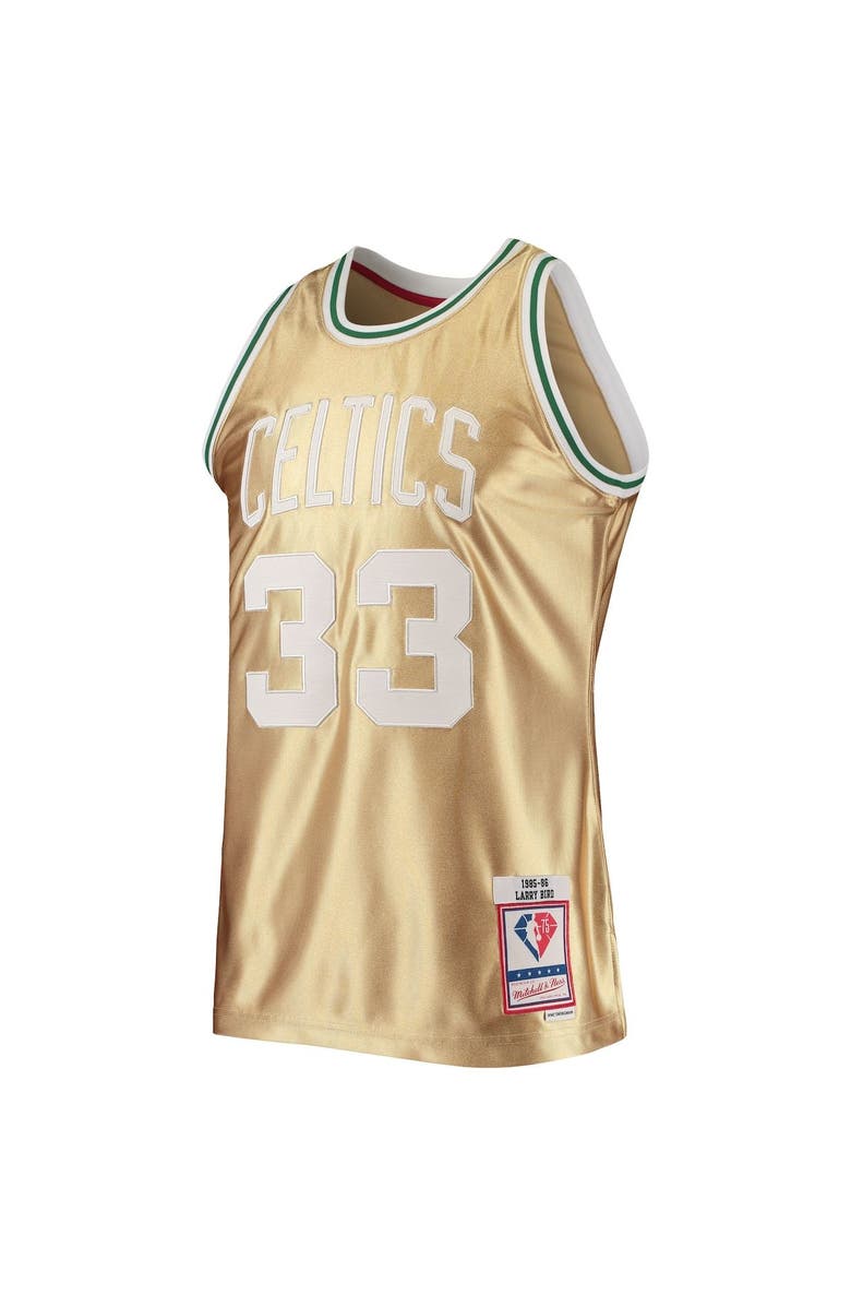 Mitchell & Ness Men's Mitchell & Ness Larry Bird Gold Boston Celtics 75th Anniversary 1985/86 Hardwood Classics Swingman Jersey, Alternate, color, 