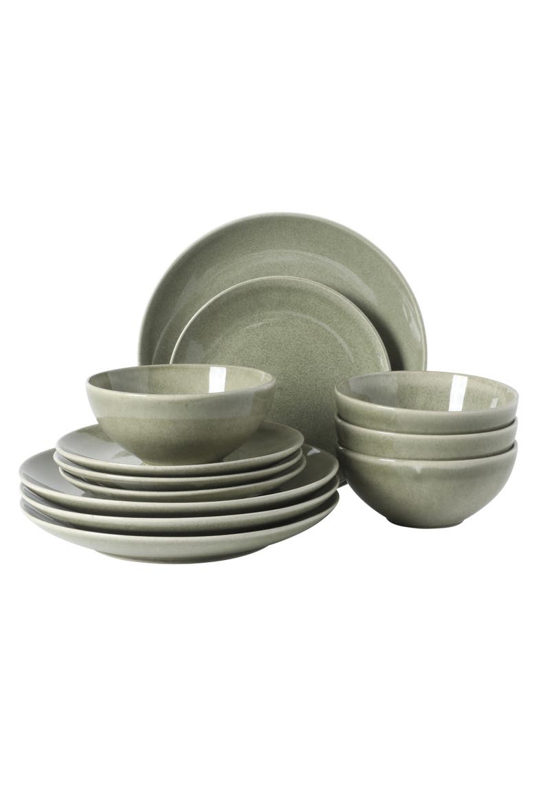 Castle Peak 12-Piece Reactive Glaze Stoneware Dinnerware Set, Main, color, Green