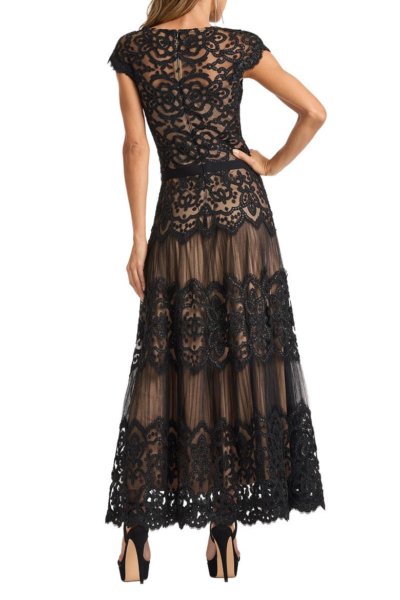 Cap Sleeve Sequin & Lace Midi Dress, Alternate, color, BLACK/ NUDE