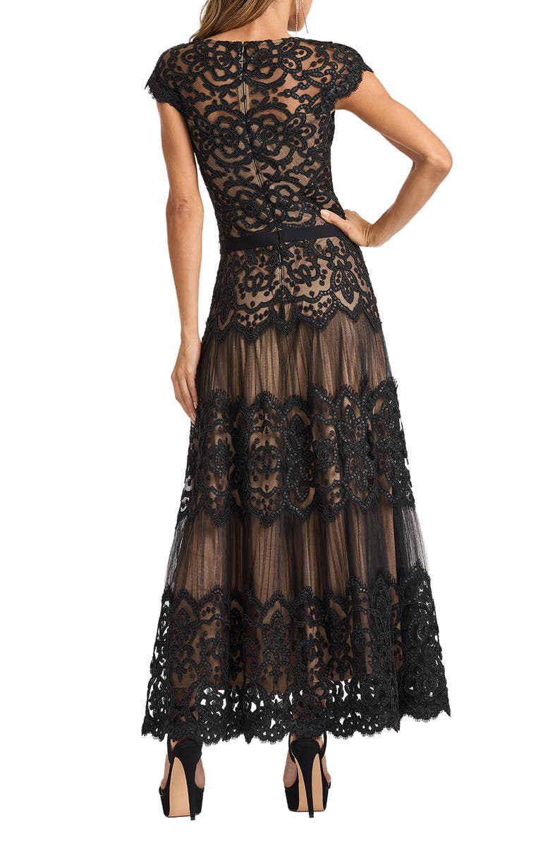 Tadashi Shoji Cap Sleeve Sequin & Lace Midi Dress, Alternate, color, Black/ Nude