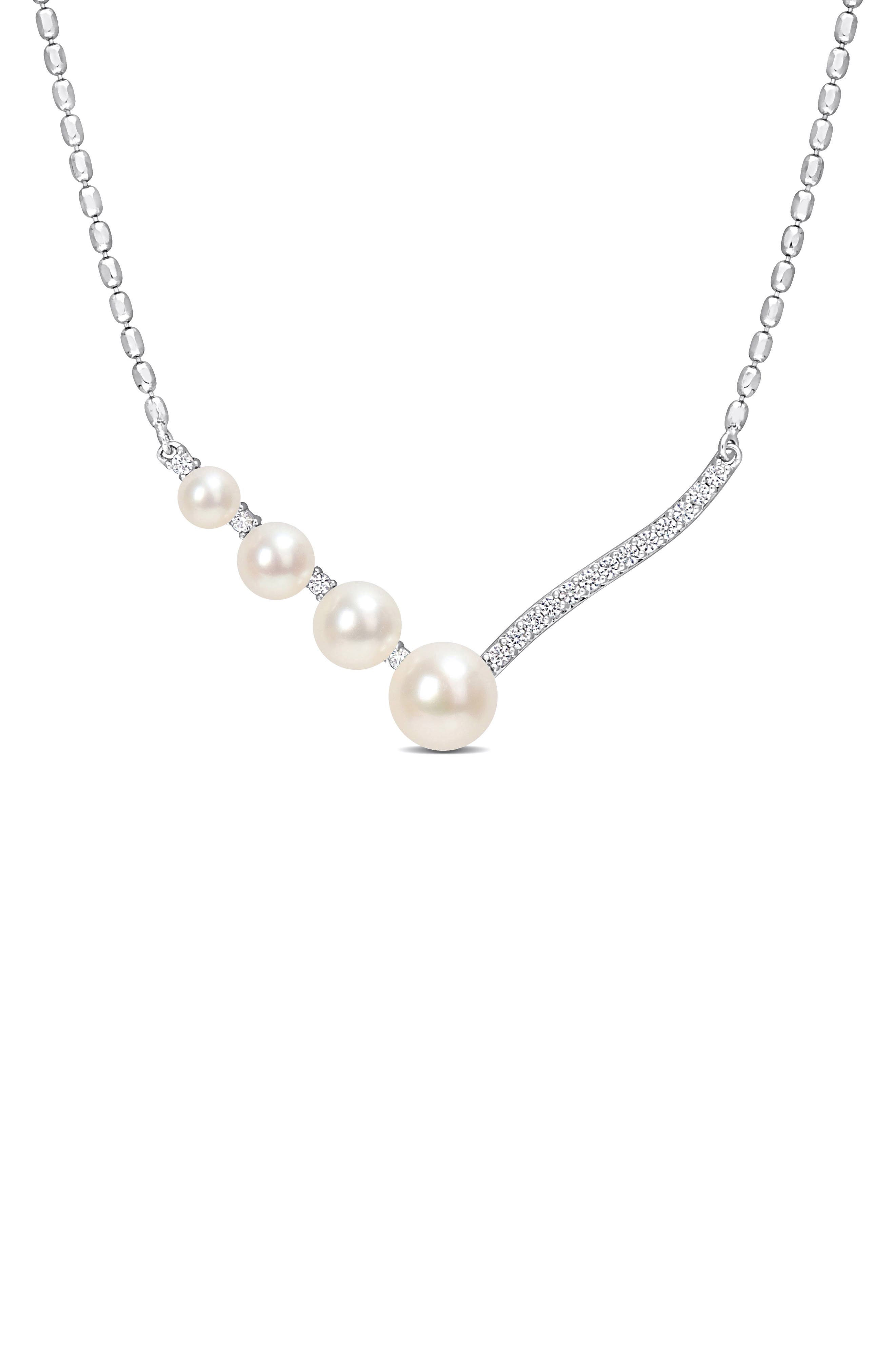 DELMAR 14K White Gold & Sterling Silver 7–7.5mm Cultured Freshwater Pearl & Lab Created White Sapphire Necklace
