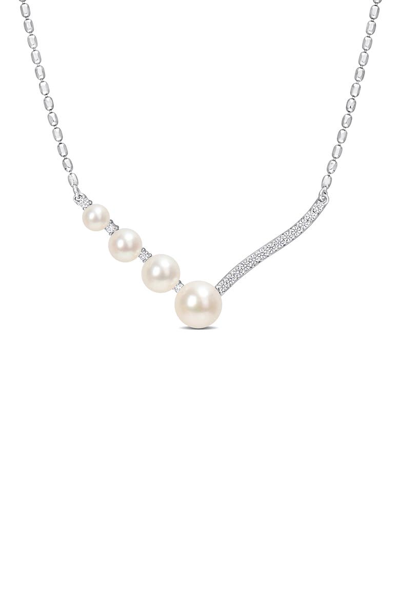 14K White Gold & Sterling Silver 7–7.5mm Cultured Freshwater Pearl & Lab Created White Sapphire Necklace, Main, color, WHITE/ SILVER