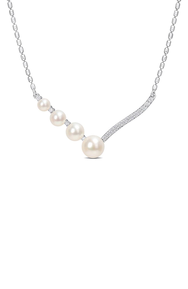 DELMAR 14K White Gold & Sterling Silver 7–7.5mm Cultured Freshwater Pearl & Lab Created White Sapphire Necklace, Main, color, White/ Silver