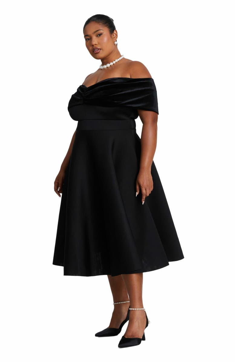 QUIZ Plus Size Velvet Scuba Knit Bardot Skater Dress, Alternate, color, 