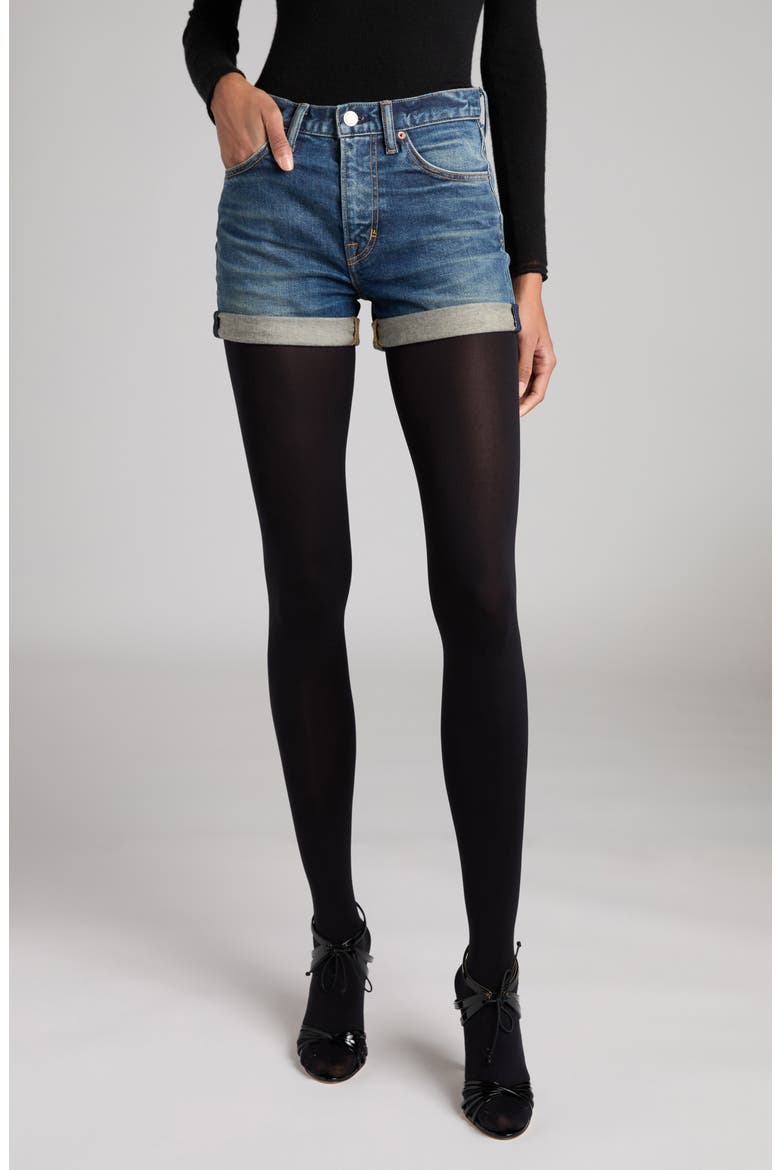 High Waist Rolled Hem Comfort Stone Washed Denim Shorts, Main, color, HB772 MID BLUE