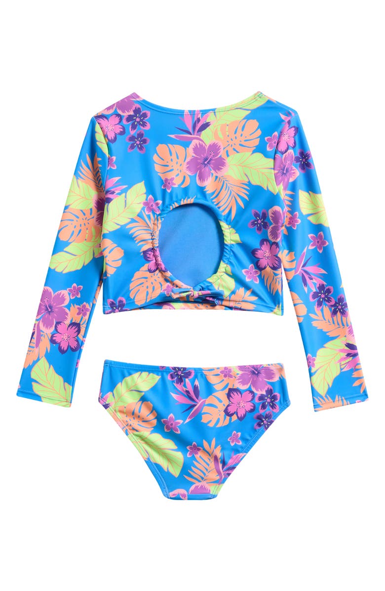 Breaking Waves Kids' Floral Long Sleeve Rashguard Top & Bikini Bottoms Set, Alternate, color, Blue Multi