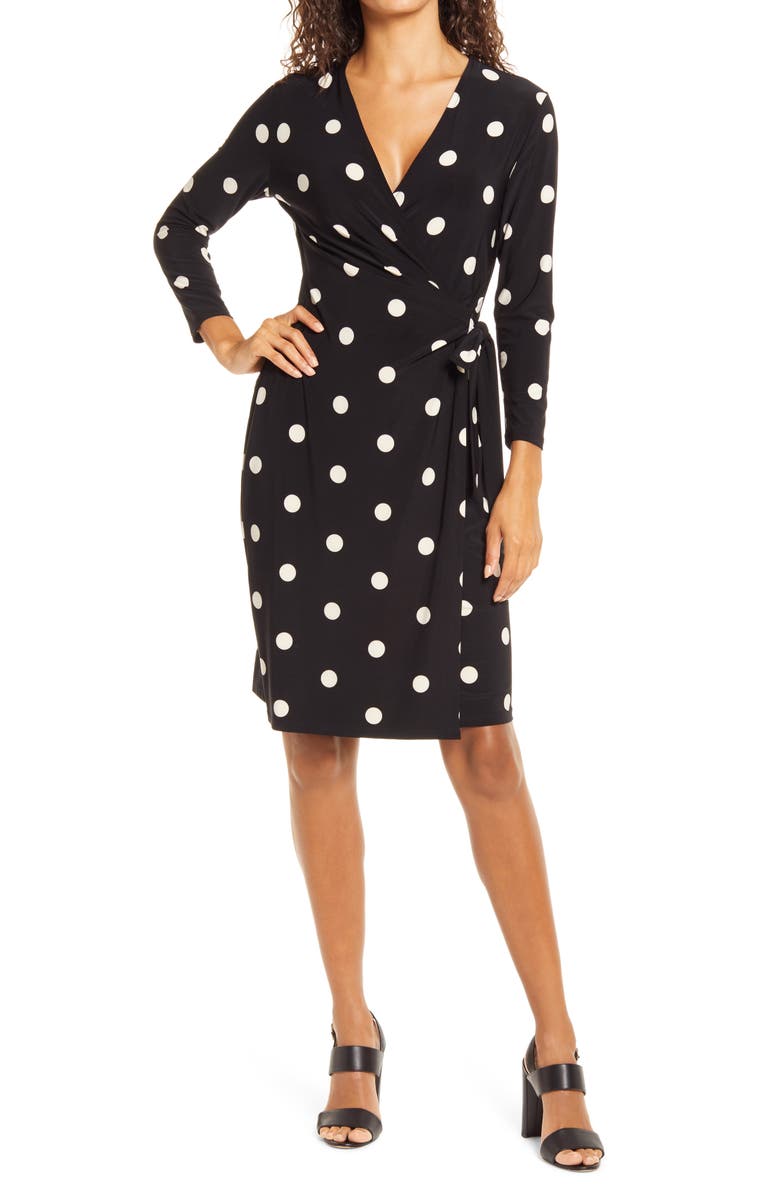Anne Klein Polka Dot Bracelet Sleeve Wrap Dress, Main, color, Anne Black/ Anne White