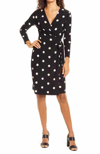 Dot Print Long Sleeve Wrap Dress