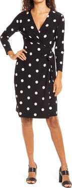 Anne Klein Dot Print Long Sleeve Wrap Dress