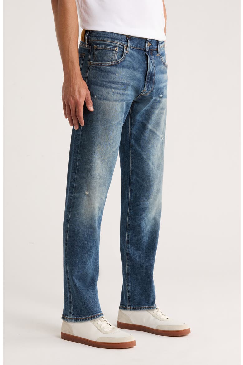 Regular Fit Distressed Tapered Stretch Cotton Jeans, Alternate, color, NAVY