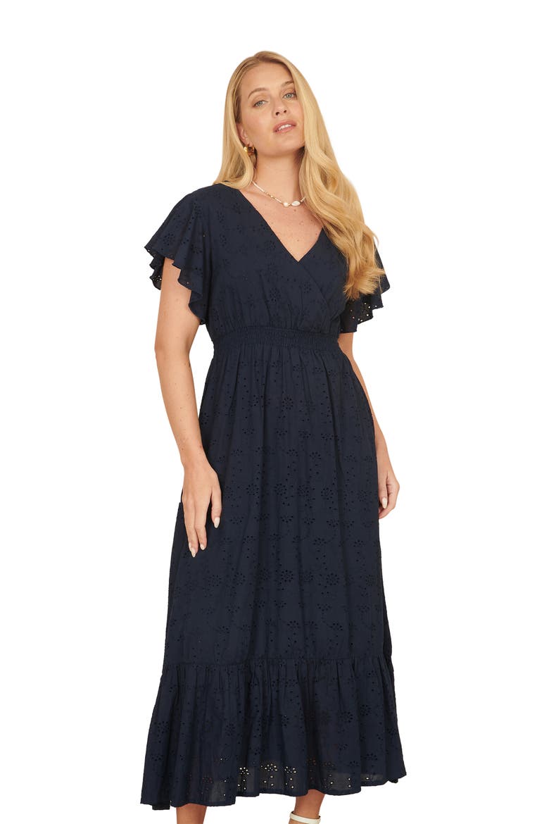 Cotton Broderie Anglaise Wrap Midi Dress, Alternate, color, Navy
