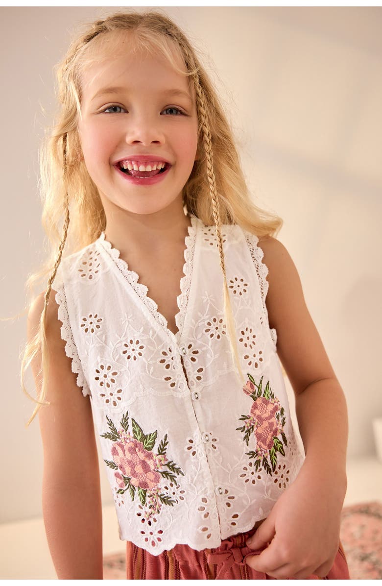 NEXT Kids' Floral Embroidered Eyelet Cotton Button-Up Vest, Alternate, color, 