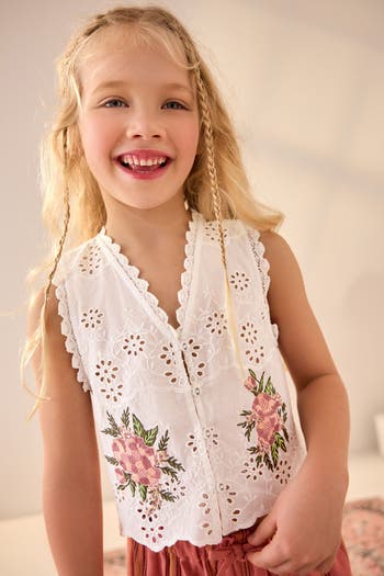 Kids' Floral Embroidered Eyelet Cotton Button-Up Vest