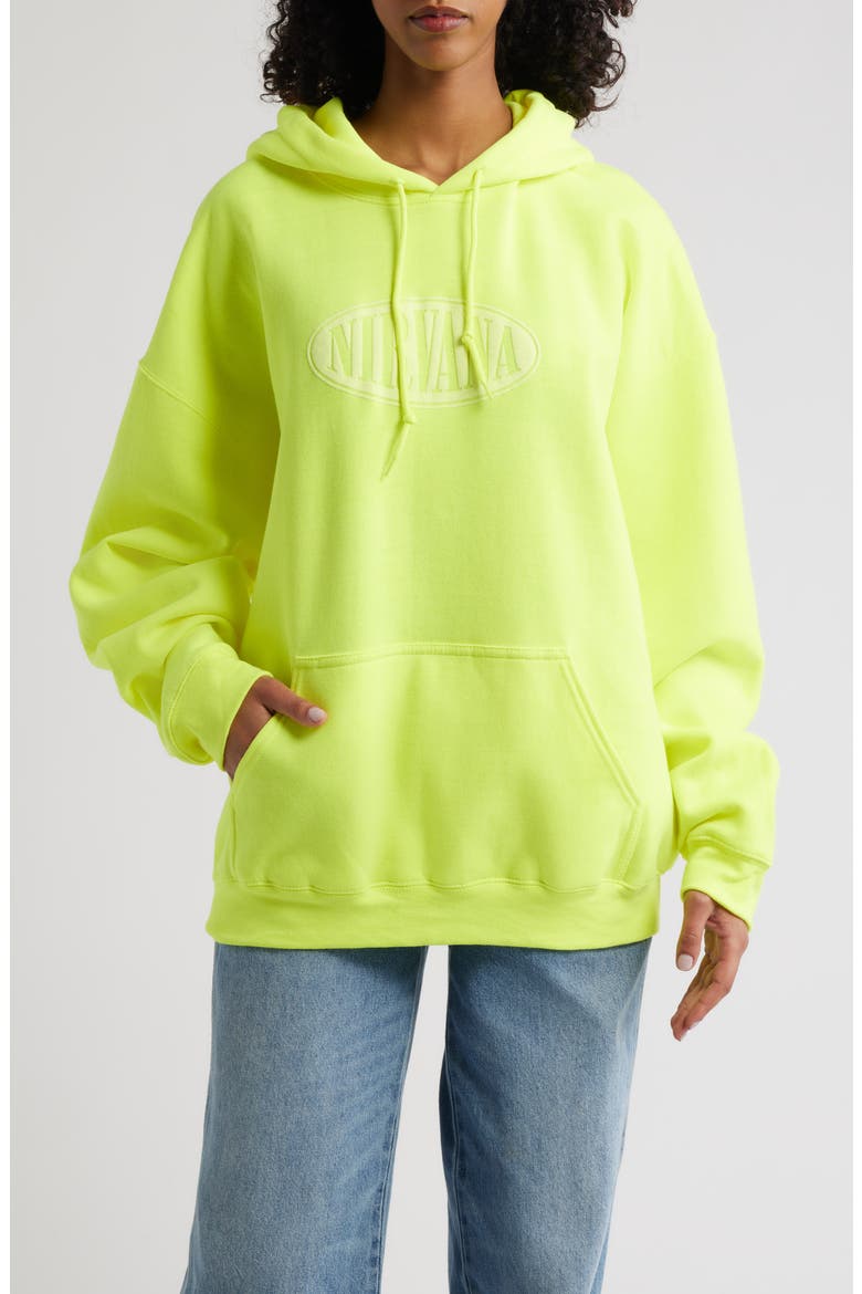 Nirvana Puff Print Logo Graphic Hoodie, Main, color, SOLID SAFETY GREEN