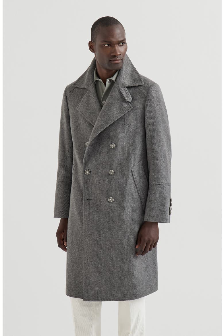 Cashmere chevron flannel one-and-a half breasted coat with metal buttons, Main, color, Medium Grey