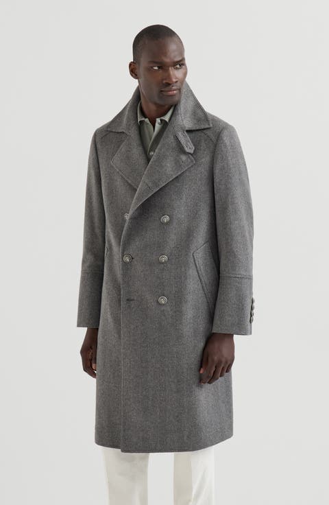 Cashmere chevron flannel one-and-a half breasted coat with metal buttons