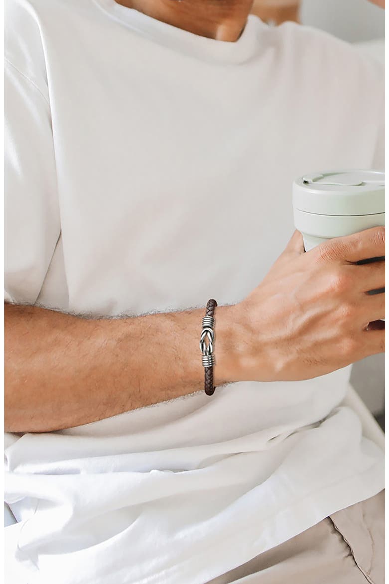 Men's Stainless Steel Knot Leather Bracelet, Alternate, color, BROWN