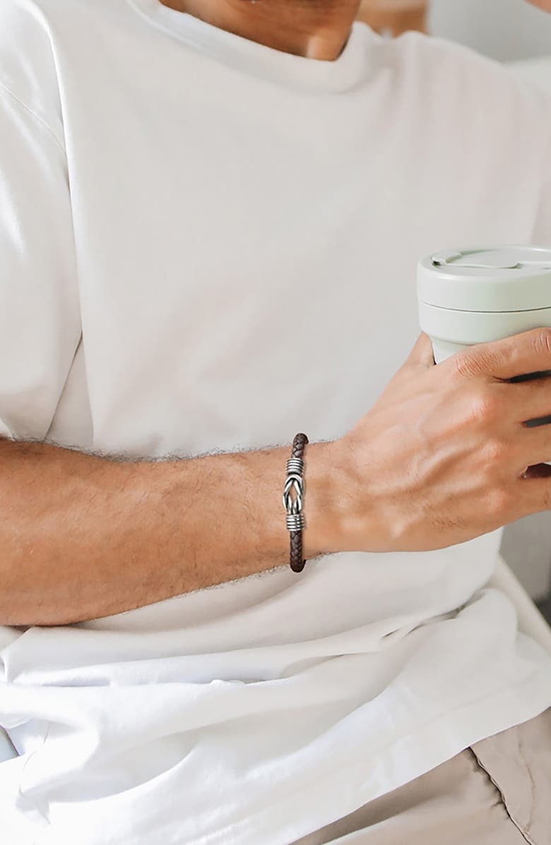 GEOFFREY BEENE Men's Stainless Steel Knot Leather Bracelet, Alternate, color, Brown